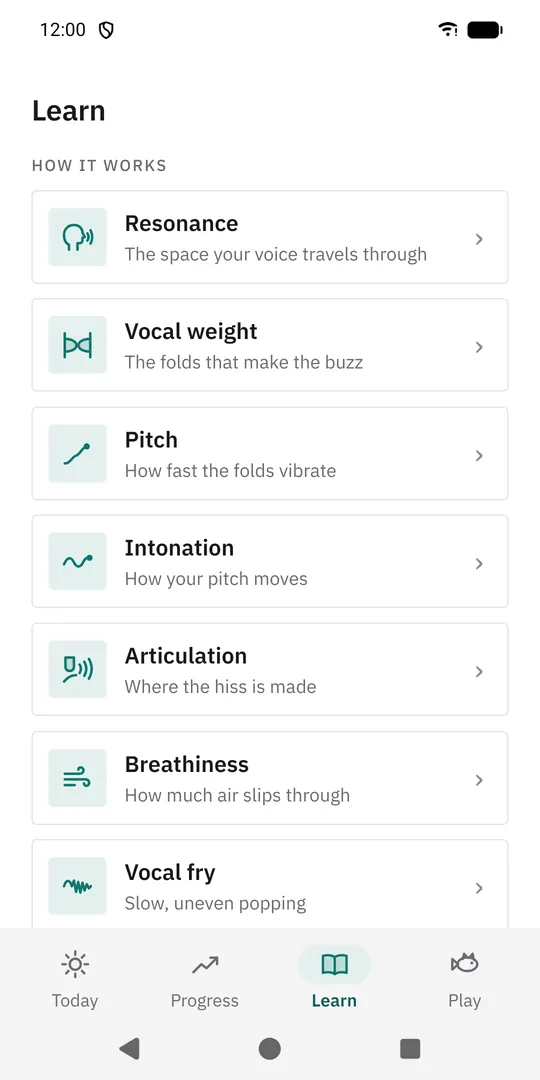 The Learn tab in the app: How it works, with a row for each of the seven topics, from resonance, "the space your voice travels through", to vocal fry, "slow, uneven popping".