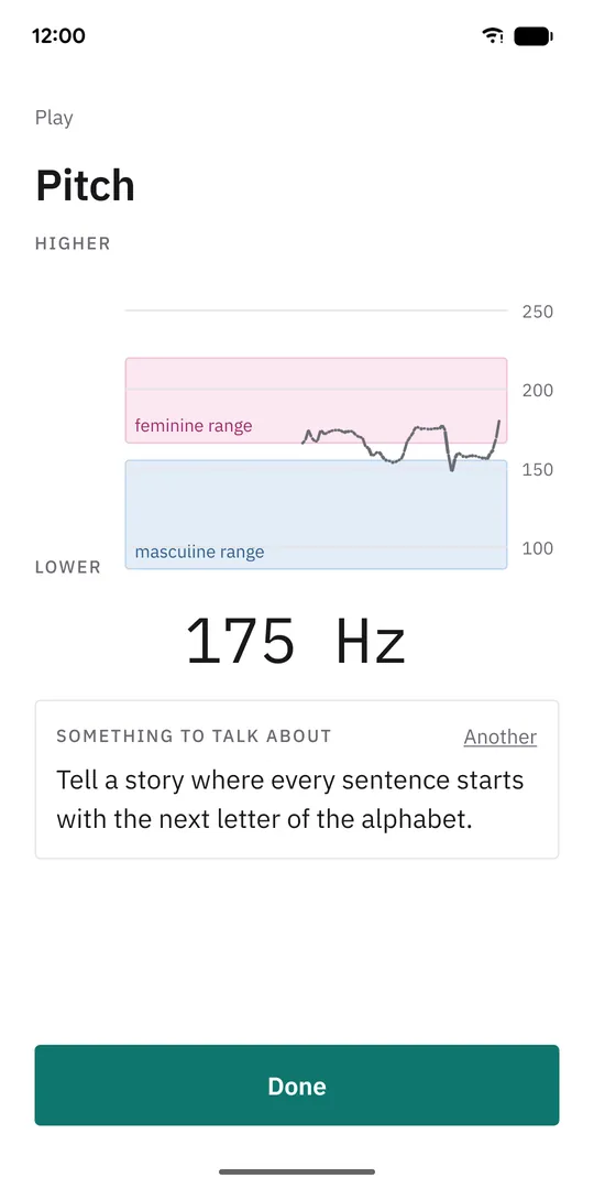 Pitch, freely, in the app: a live pitch line reading 175 Hz, drawn against a pink feminine range and a blue masculine range, with something to talk about underneath.